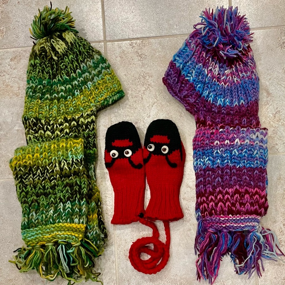 100% Wool Winter One-Piece Scarf Hat and Gloves